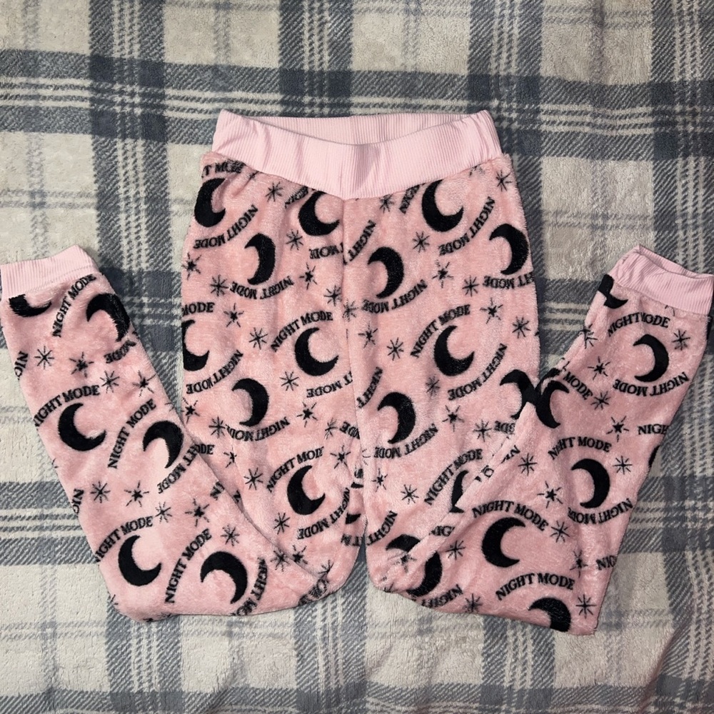 Pink fleece “night mode” pajama pants